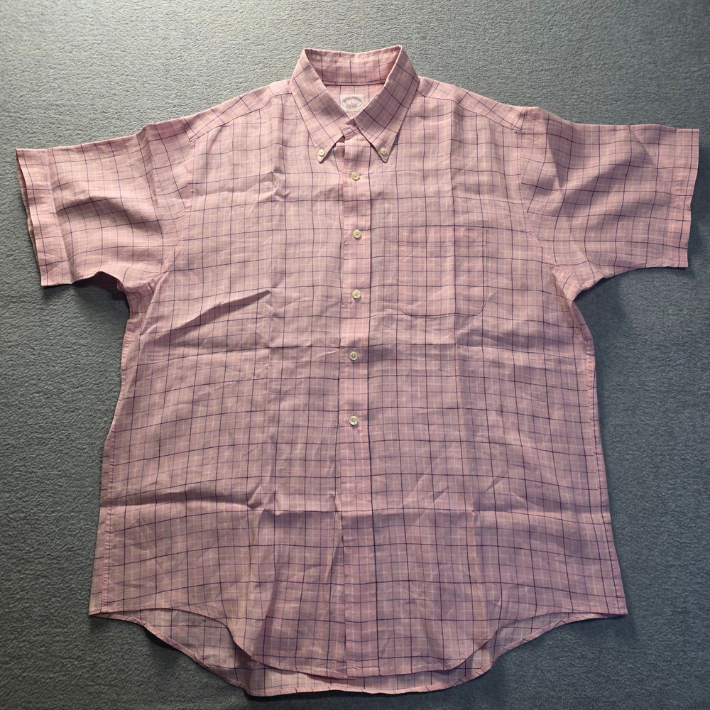 Brooks Brothers 1818 Button Down Shirt Mens L Irish Linen Pink Plaid ShortSleeve